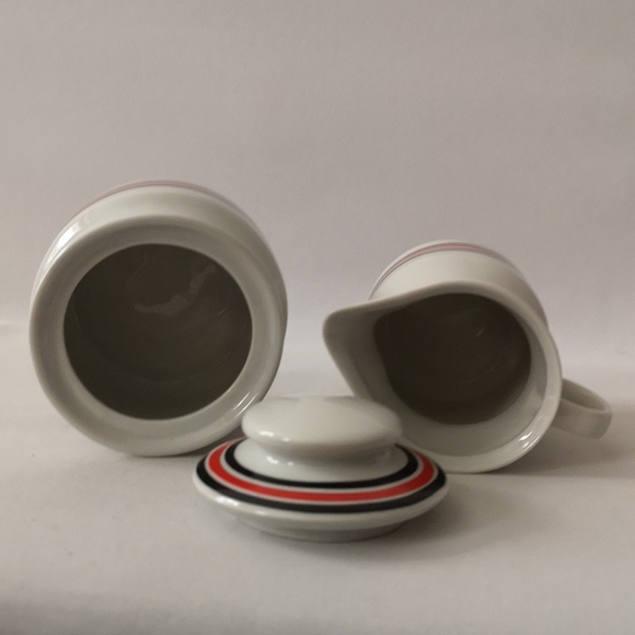 Ceramic Creamer & Sugar Bowl w/ Lid Set, Made in Poland, White Black Red Stripe - Picture 2 of 4